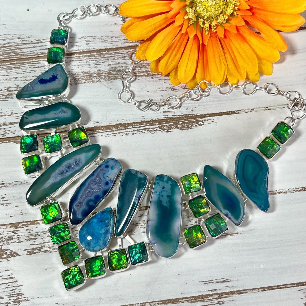 Solar Agate Necklace Triplet Opal Ocean Blue Large Handmade 925 Silver Boho New! - Picture 9 of 16